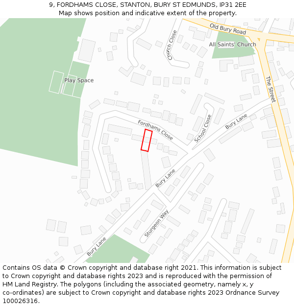 9, FORDHAMS CLOSE, STANTON, BURY ST EDMUNDS, IP31 2EE: Location map and indicative extent of plot
