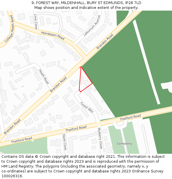 9, FOREST WAY, MILDENHALL, BURY ST EDMUNDS, IP28 7LD: Location map and indicative extent of plot
