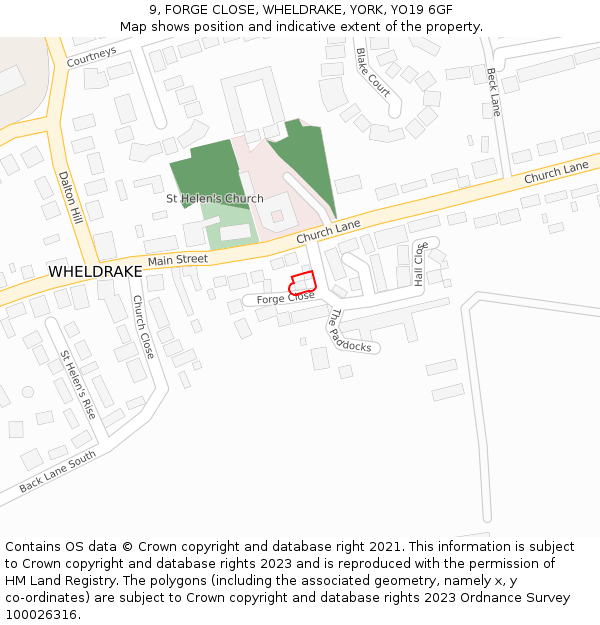 9, FORGE CLOSE, WHELDRAKE, YORK, YO19 6GF: Location map and indicative extent of plot