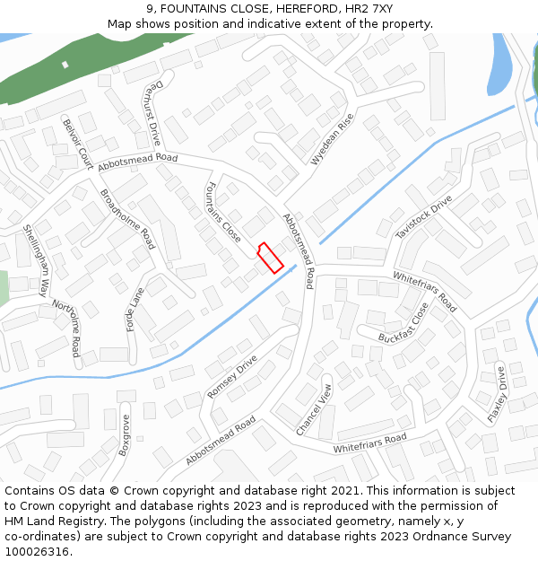 9, FOUNTAINS CLOSE, HEREFORD, HR2 7XY: Location map and indicative extent of plot