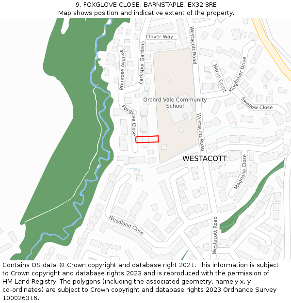 9, FOXGLOVE CLOSE, BARNSTAPLE, EX32 8RE: Location map and indicative extent of plot