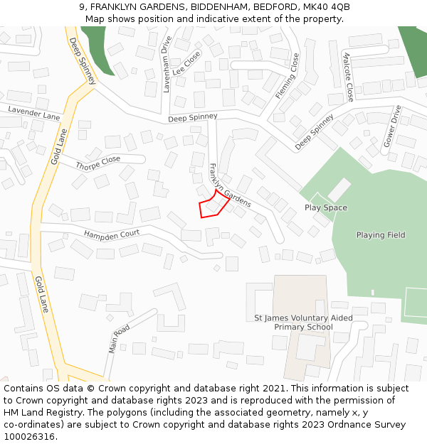 9, FRANKLYN GARDENS, BIDDENHAM, BEDFORD, MK40 4QB: Location map and indicative extent of plot