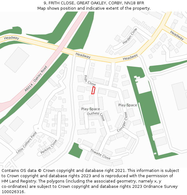 9, FRITH CLOSE, GREAT OAKLEY, CORBY, NN18 8FR: Location map and indicative extent of plot