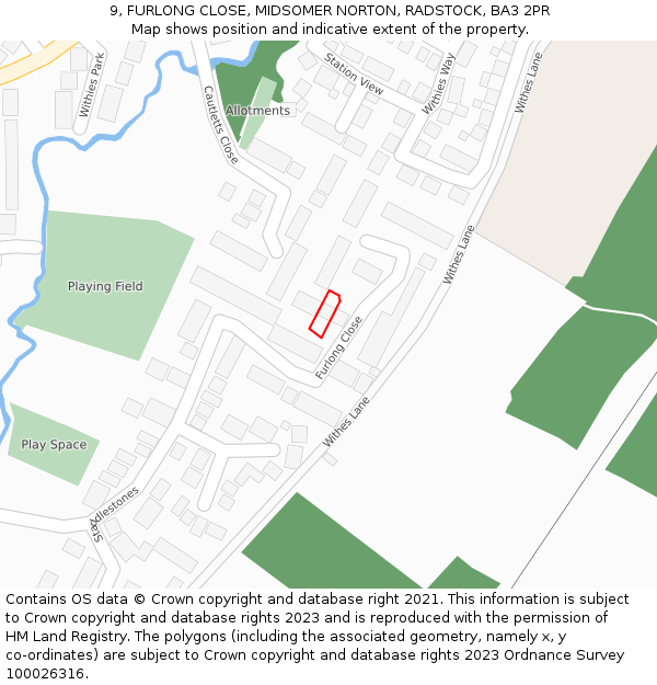 9, FURLONG CLOSE, MIDSOMER NORTON, RADSTOCK, BA3 2PR: Location map and indicative extent of plot