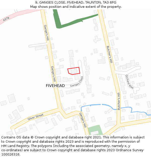 9, GANGES CLOSE, FIVEHEAD, TAUNTON, TA3 6PG: Location map and indicative extent of plot