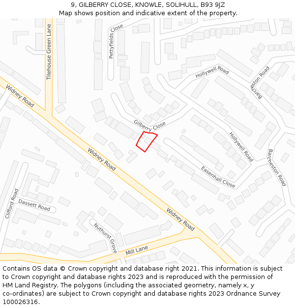 9, GILBERRY CLOSE, KNOWLE, SOLIHULL, B93 9JZ: Location map and indicative extent of plot