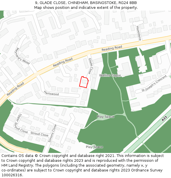 9, GLADE CLOSE, CHINEHAM, BASINGSTOKE, RG24 8BB: Location map and indicative extent of plot