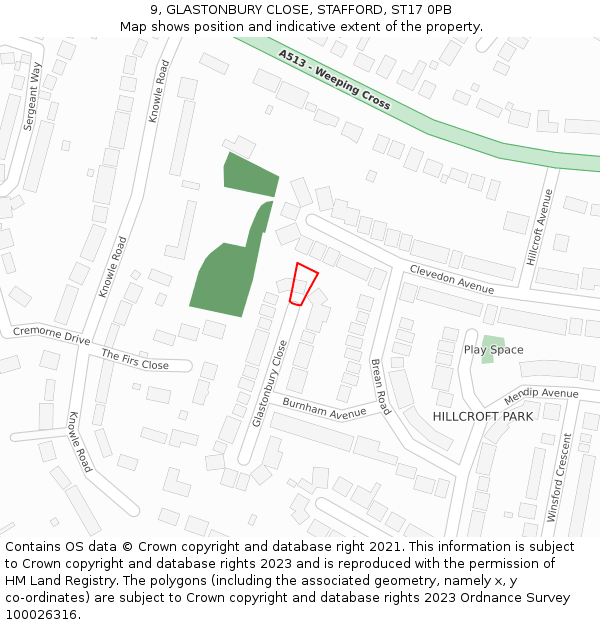 9, GLASTONBURY CLOSE, STAFFORD, ST17 0PB: Location map and indicative extent of plot