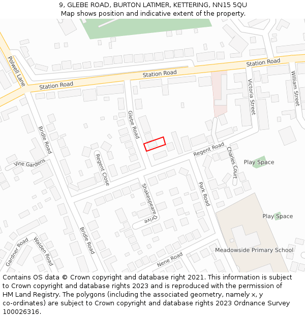 9, GLEBE ROAD, BURTON LATIMER, KETTERING, NN15 5QU: Location map and indicative extent of plot