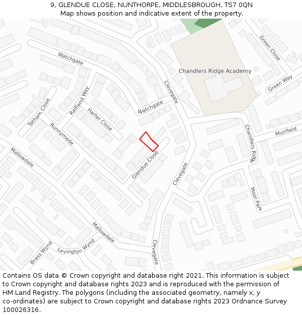 9, GLENDUE CLOSE, NUNTHORPE, MIDDLESBROUGH, TS7 0QN: Location map and indicative extent of plot