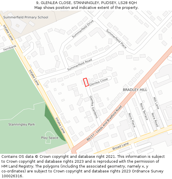 9, GLENLEA CLOSE, STANNINGLEY, PUDSEY, LS28 6QH: Location map and indicative extent of plot