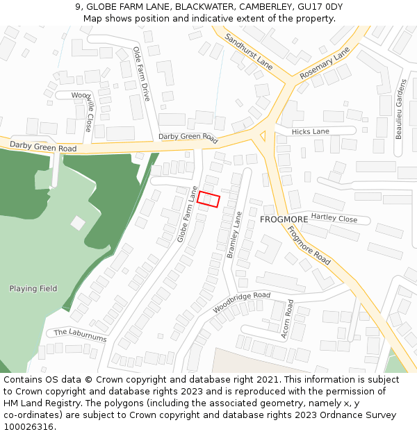 9, GLOBE FARM LANE, BLACKWATER, CAMBERLEY, GU17 0DY: Location map and indicative extent of plot