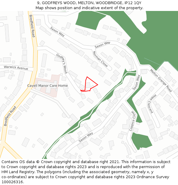 9, GODFREYS WOOD, MELTON, WOODBRIDGE, IP12 1QY: Location map and indicative extent of plot