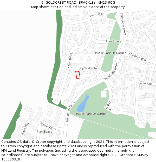 9, GOLDCREST ROAD, BRACKLEY, NN13 6QG: Location map and indicative extent of plot