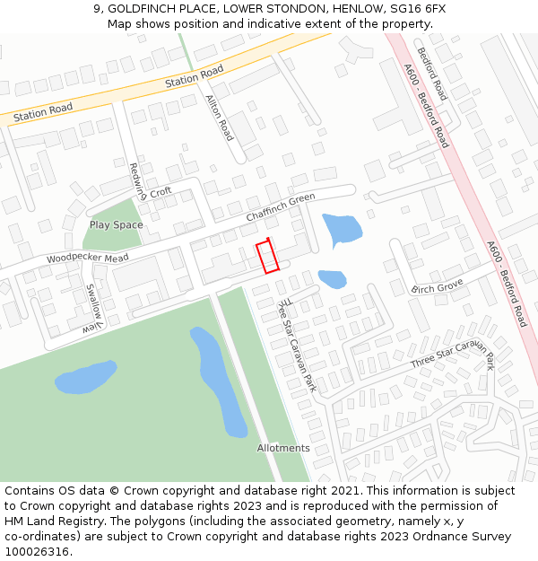 9, GOLDFINCH PLACE, LOWER STONDON, HENLOW, SG16 6FX: Location map and indicative extent of plot