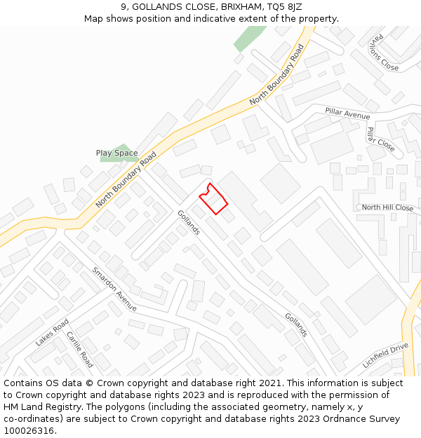 9, GOLLANDS CLOSE, BRIXHAM, TQ5 8JZ: Location map and indicative extent of plot