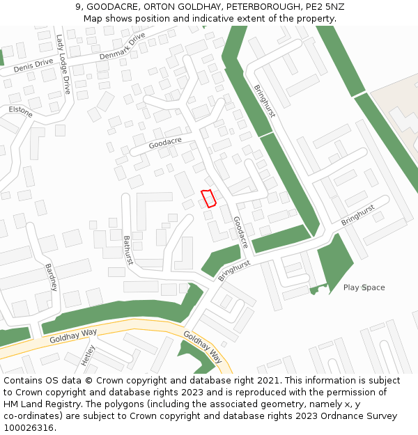 9, GOODACRE, ORTON GOLDHAY, PETERBOROUGH, PE2 5NZ: Location map and indicative extent of plot
