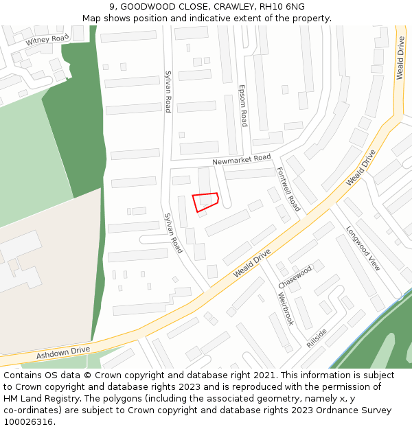 9, GOODWOOD CLOSE, CRAWLEY, RH10 6NG: Location map and indicative extent of plot