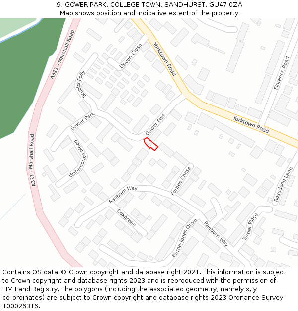 9, GOWER PARK, COLLEGE TOWN, SANDHURST, GU47 0ZA: Location map and indicative extent of plot