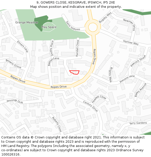 9, GOWERS CLOSE, KESGRAVE, IPSWICH, IP5 2XE: Location map and indicative extent of plot