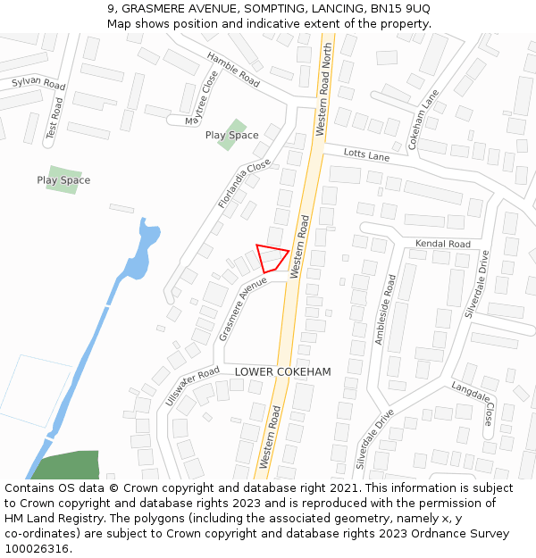 9, GRASMERE AVENUE, SOMPTING, LANCING, BN15 9UQ: Location map and indicative extent of plot