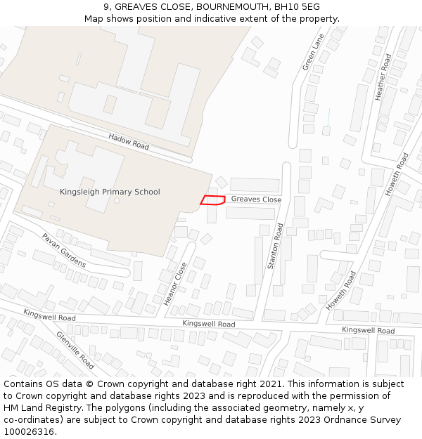 9, GREAVES CLOSE, BOURNEMOUTH, BH10 5EG: Location map and indicative extent of plot