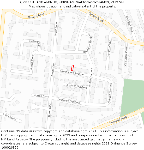 9, GREEN LANE AVENUE, HERSHAM, WALTON-ON-THAMES, KT12 5HL: Location map and indicative extent of plot