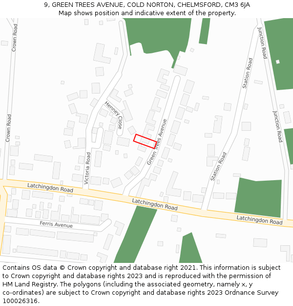 9, GREEN TREES AVENUE, COLD NORTON, CHELMSFORD, CM3 6JA: Location map and indicative extent of plot