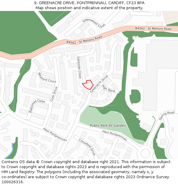 9, GREENACRE DRIVE, PONTPRENNAU, CARDIFF, CF23 8PA: Location map and indicative extent of plot