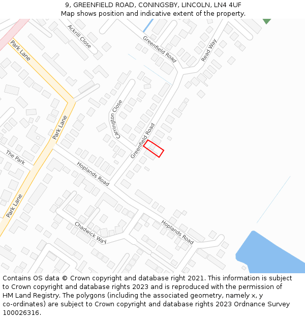9, GREENFIELD ROAD, CONINGSBY, LINCOLN, LN4 4UF: Location map and indicative extent of plot