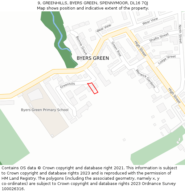 9, GREENHILLS, BYERS GREEN, SPENNYMOOR, DL16 7QJ: Location map and indicative extent of plot