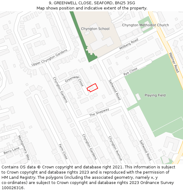 9, GREENWELL CLOSE, SEAFORD, BN25 3SG: Location map and indicative extent of plot