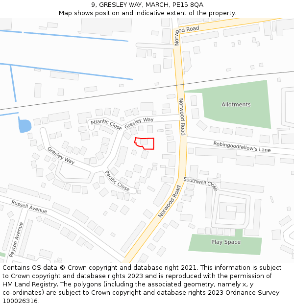 9, GRESLEY WAY, MARCH, PE15 8QA: Location map and indicative extent of plot