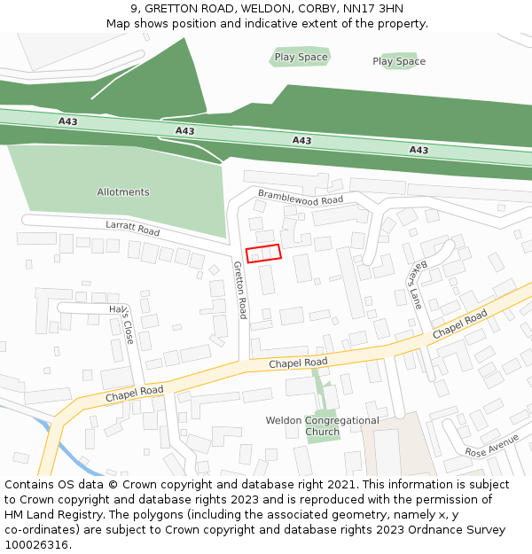 9, GRETTON ROAD, WELDON, CORBY, NN17 3HN: Location map and indicative extent of plot