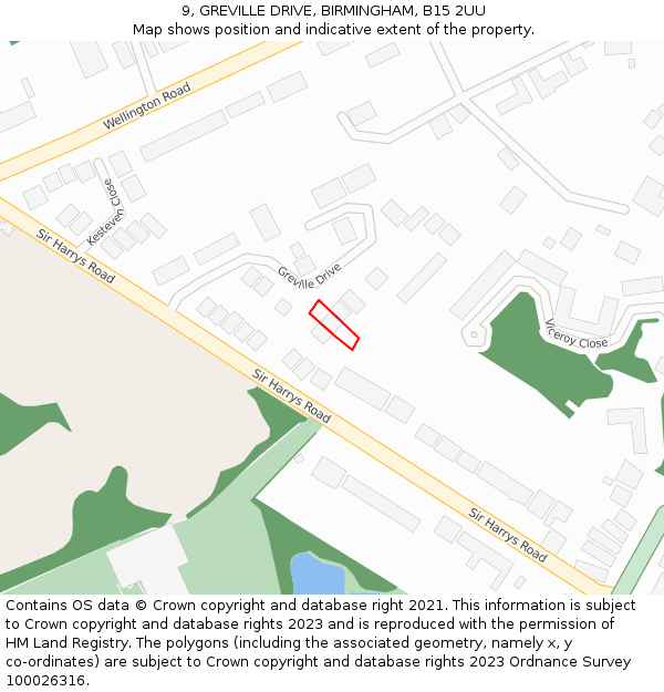 9, GREVILLE DRIVE, BIRMINGHAM, B15 2UU: Location map and indicative extent of plot
