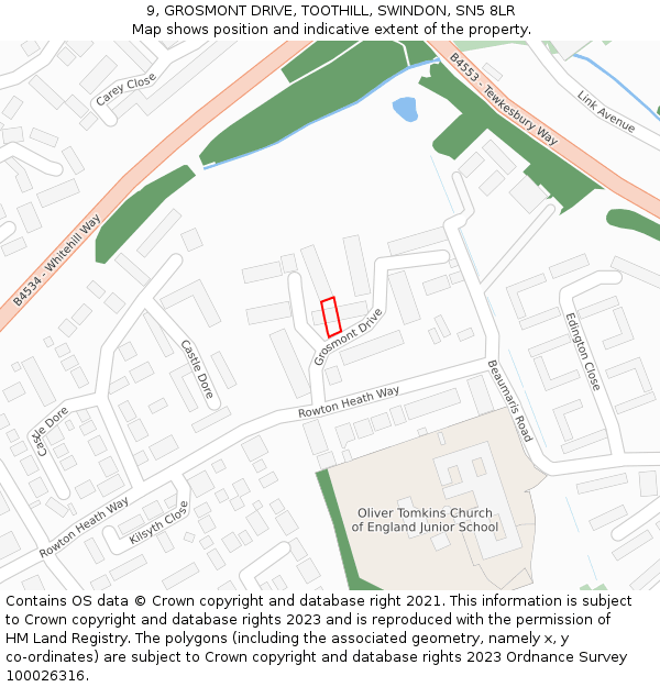 9, GROSMONT DRIVE, TOOTHILL, SWINDON, SN5 8LR: Location map and indicative extent of plot