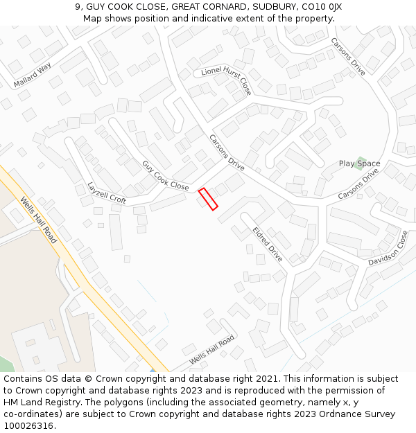 9, GUY COOK CLOSE, GREAT CORNARD, SUDBURY, CO10 0JX: Location map and indicative extent of plot