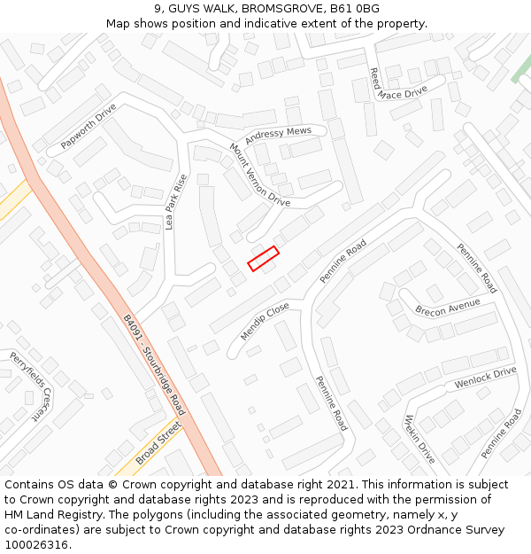 9, GUYS WALK, BROMSGROVE, B61 0BG: Location map and indicative extent of plot