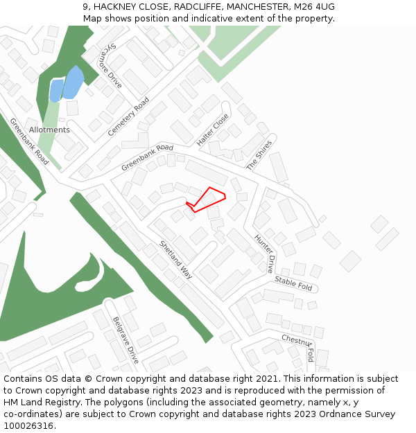 9, HACKNEY CLOSE, RADCLIFFE, MANCHESTER, M26 4UG: Location map and indicative extent of plot