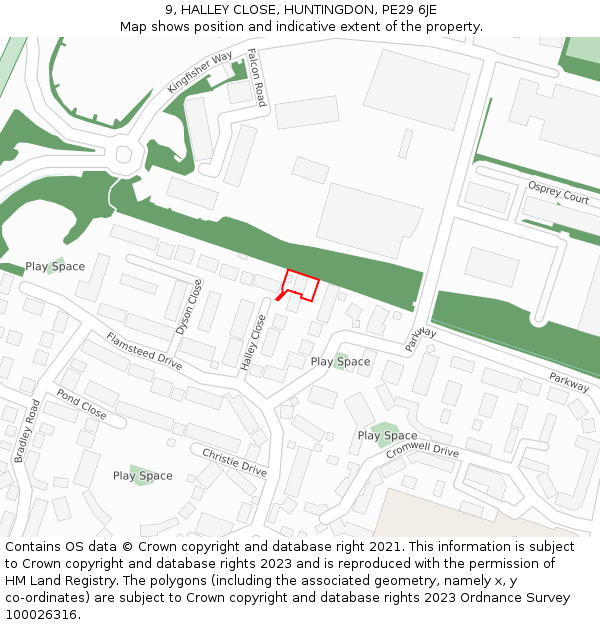 9, HALLEY CLOSE, HUNTINGDON, PE29 6JE: Location map and indicative extent of plot