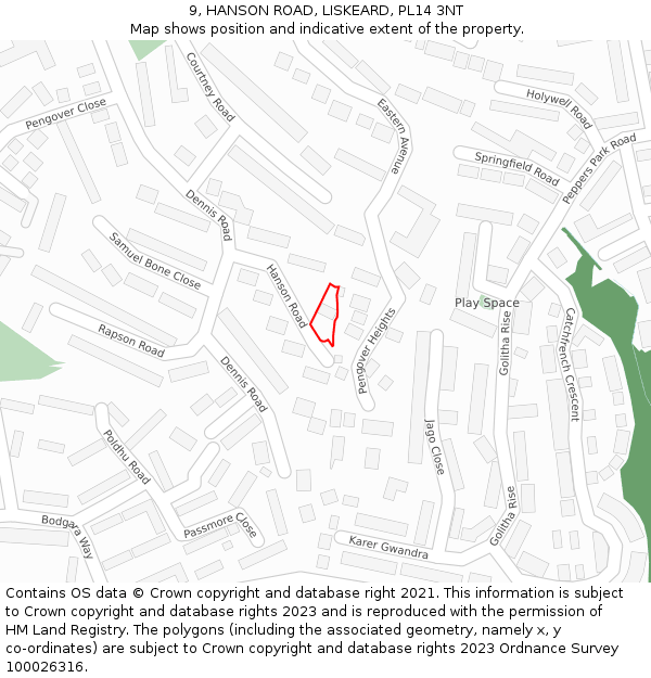 9, HANSON ROAD, LISKEARD, PL14 3NT: Location map and indicative extent of plot