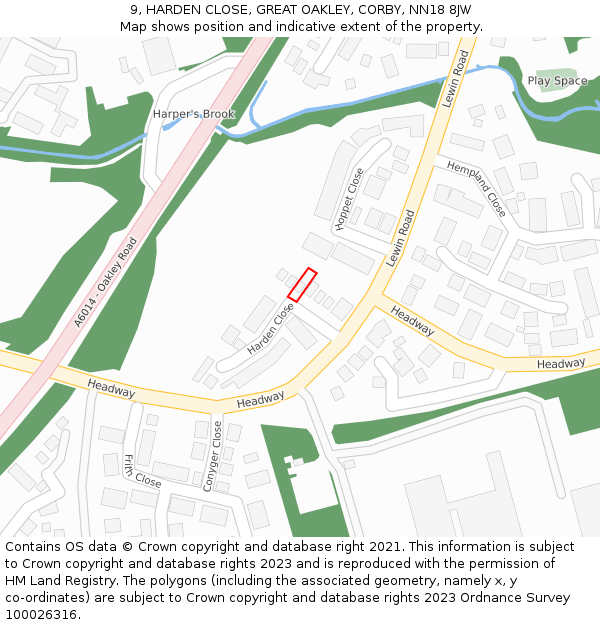 9, HARDEN CLOSE, GREAT OAKLEY, CORBY, NN18 8JW: Location map and indicative extent of plot