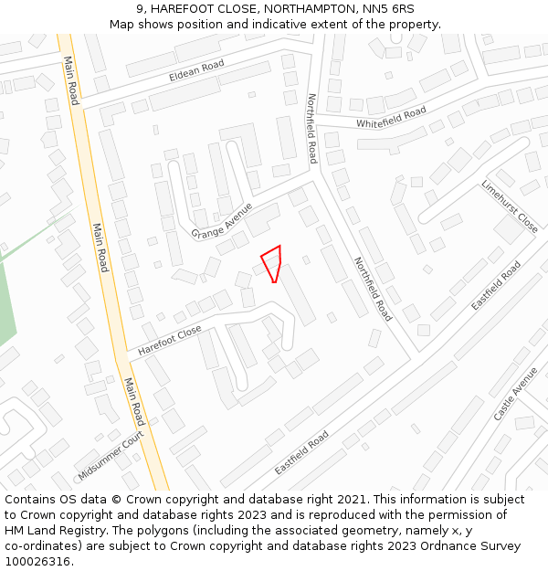 9, HAREFOOT CLOSE, NORTHAMPTON, NN5 6RS: Location map and indicative extent of plot