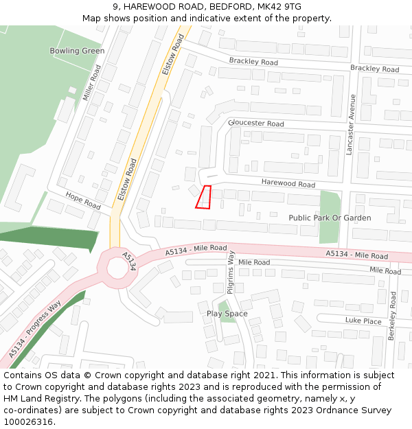 9, HAREWOOD ROAD, BEDFORD, MK42 9TG: Location map and indicative extent of plot