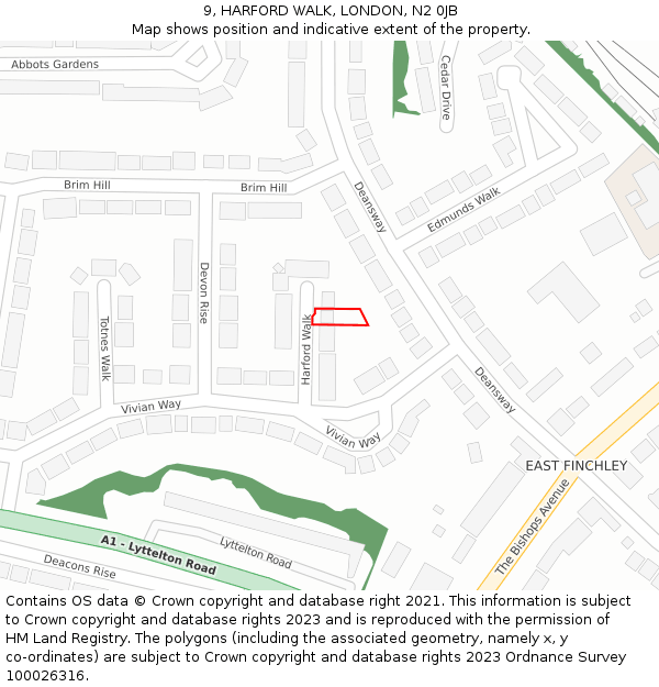 9, HARFORD WALK, LONDON, N2 0JB: Location map and indicative extent of plot