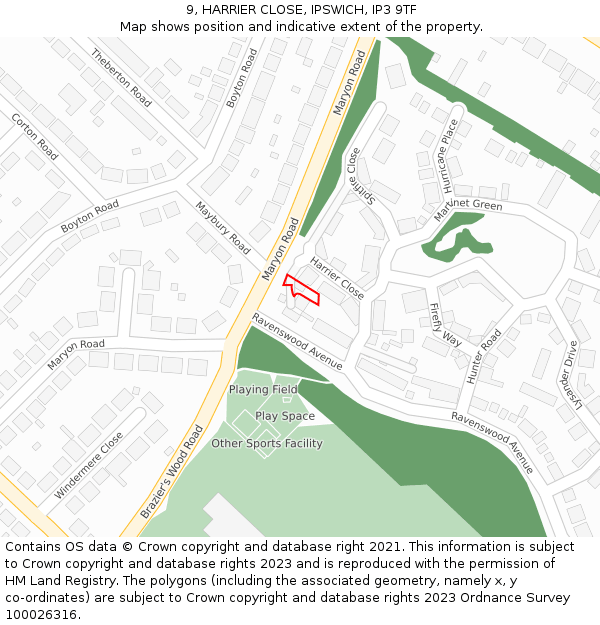 9, HARRIER CLOSE, IPSWICH, IP3 9TF: Location map and indicative extent of plot