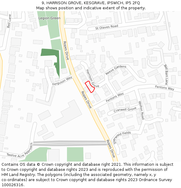 9, HARRISON GROVE, KESGRAVE, IPSWICH, IP5 2FQ: Location map and indicative extent of plot