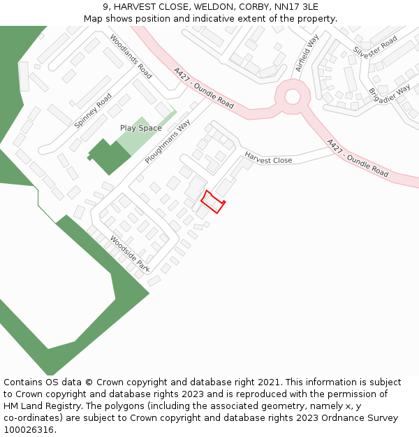 9, HARVEST CLOSE, WELDON, CORBY, NN17 3LE: Location map and indicative extent of plot