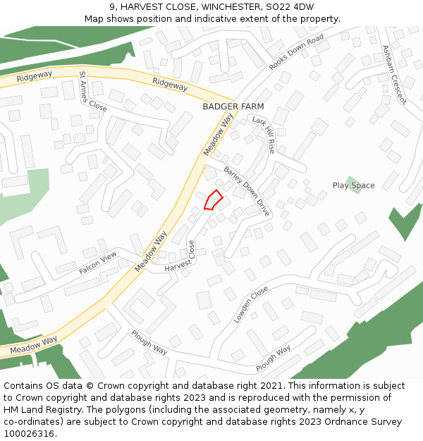 9, HARVEST CLOSE, WINCHESTER, SO22 4DW: Location map and indicative extent of plot