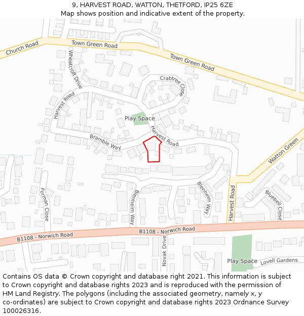 9, HARVEST ROAD, WATTON, THETFORD, IP25 6ZE: Location map and indicative extent of plot
